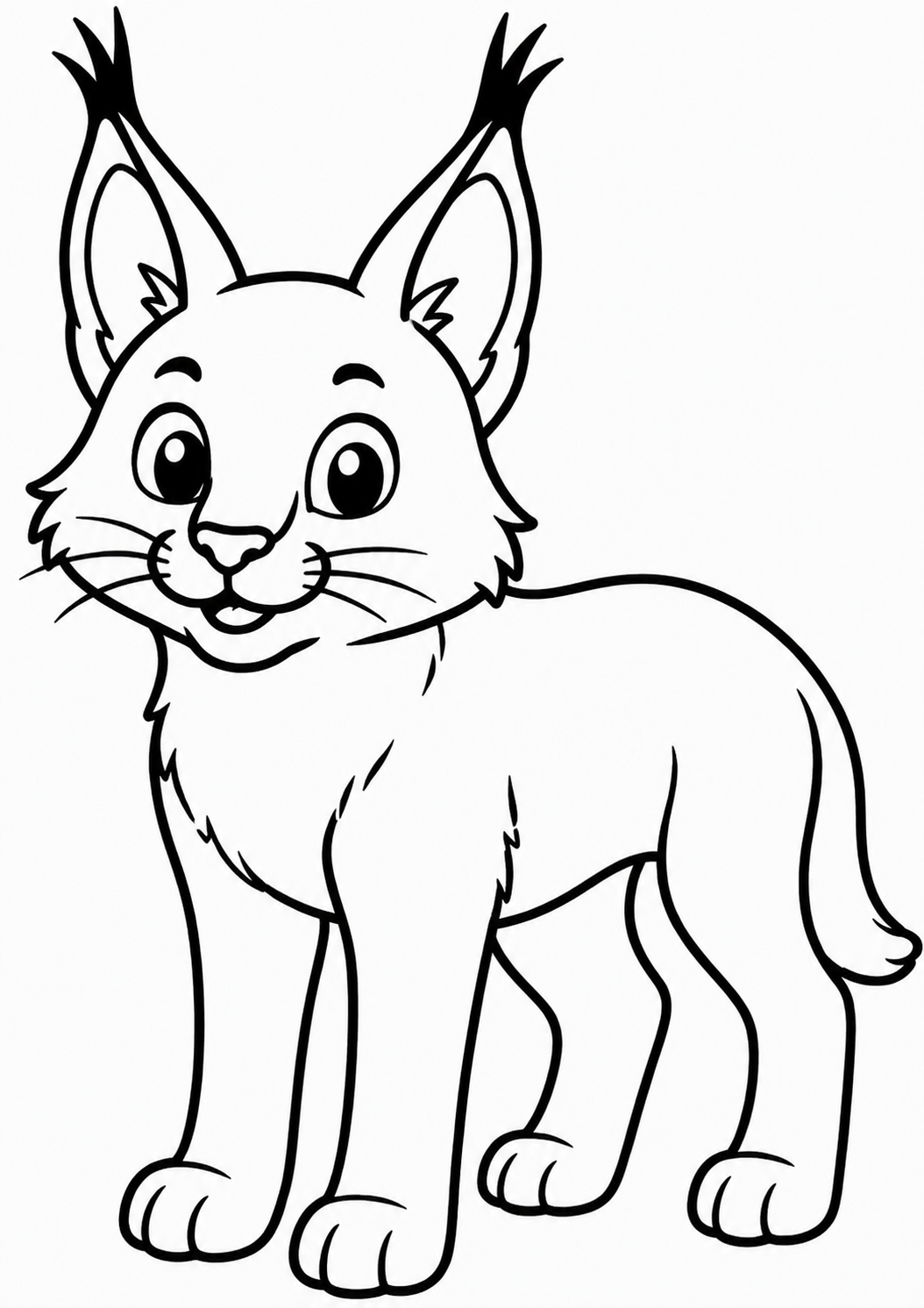 A cute lynx with big eyes, designed as a coloring page. Kids can have fun coloring this playful and adorable animal drawing.