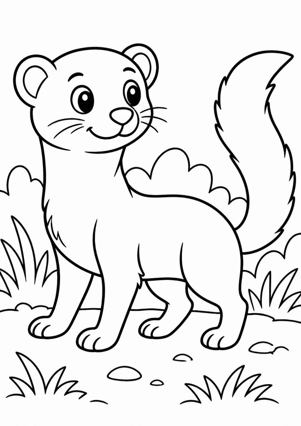 Illustration of a cute otter with big eyes and a bushy tail in a natural setting for children to color.