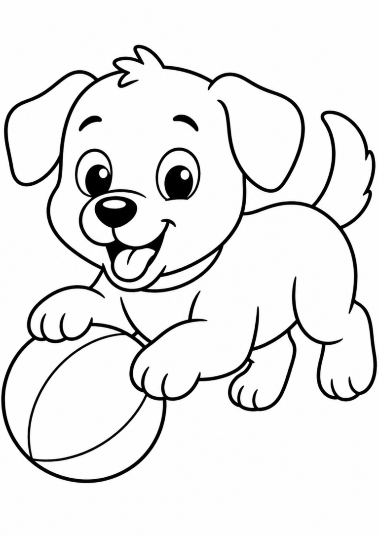 A cute puppy with a playful expression and floppy ears, holding a ball in its paws, perfect for children's coloring activities.