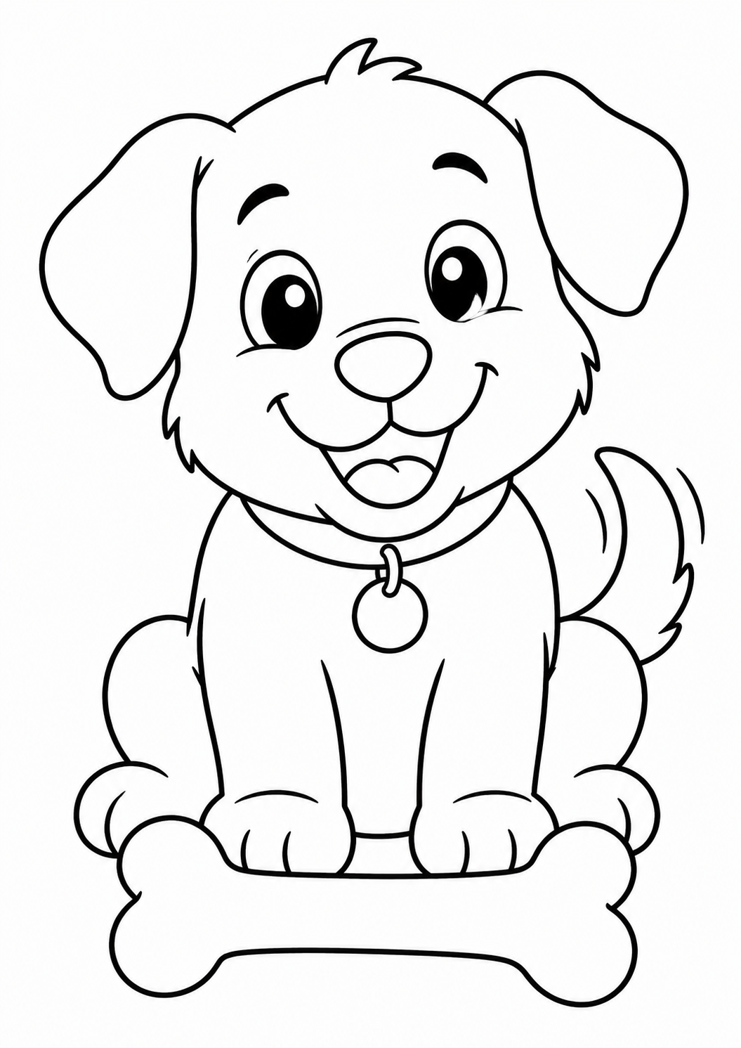 A cute, smiling puppy with big eyes sits happily beside a large bone, showcasing its playful nature perfect for coloring.