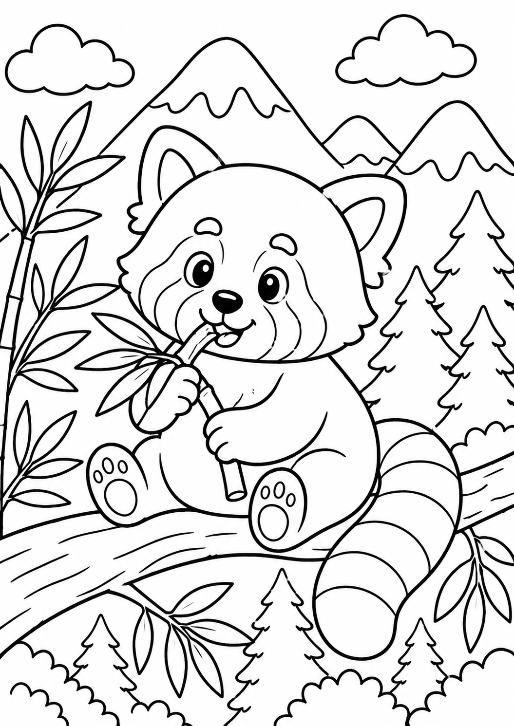 A delightful coloring page of a cute red panda perched on a branch amidst trees and mountains, perfect for children to fill with vibrant colors, sparking creativity and fun.