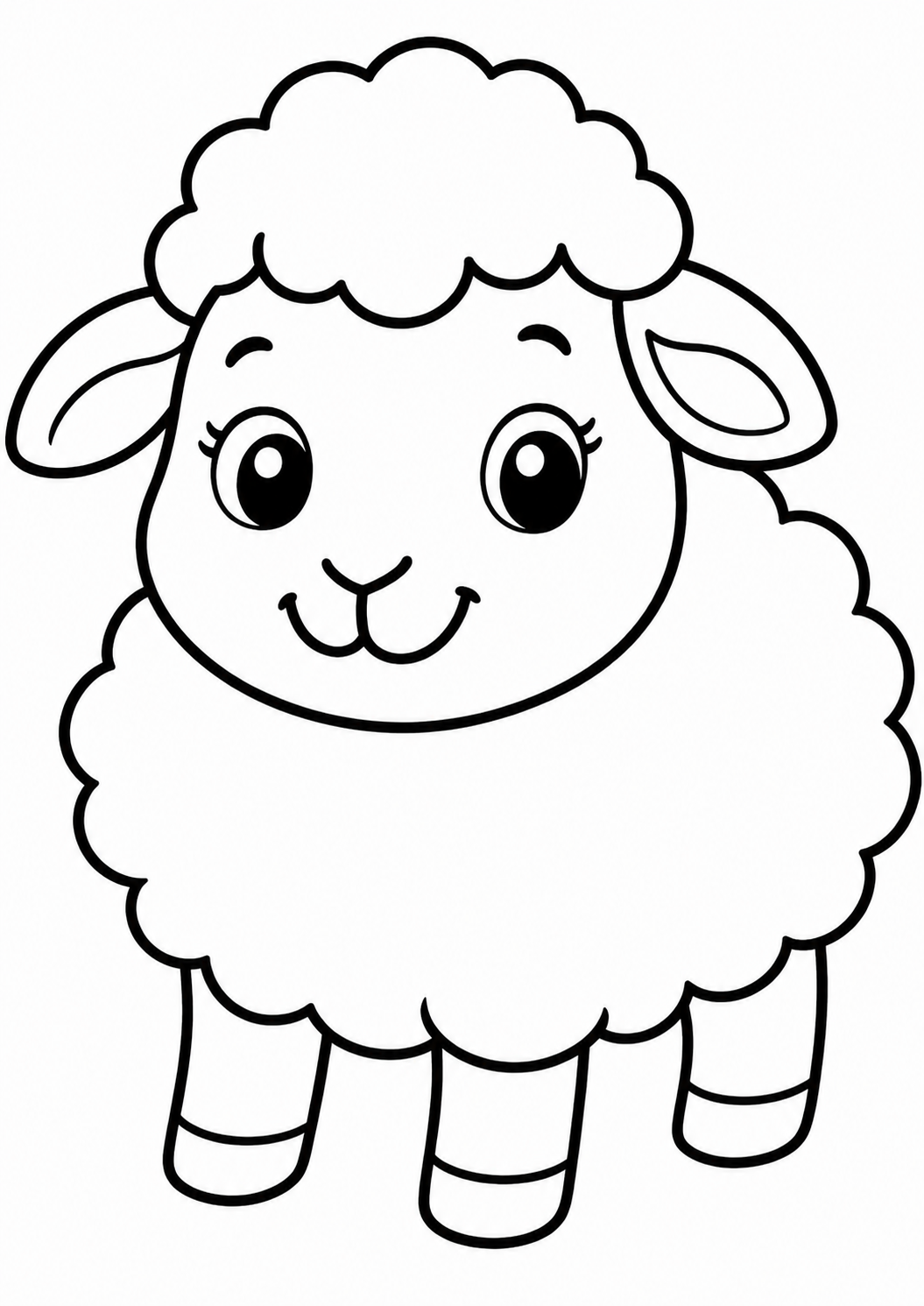 A delightful children's coloring page featuring a cute sheep with a cheerful expression and fluffy wool, inviting kids to color and enjoy. The simple design makes it perfect for creative fun.