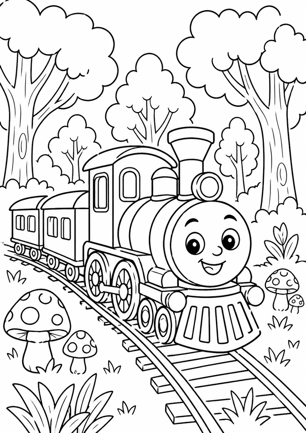 A charming train with a happy face travels along a track surrounded by trees and mushrooms. The cartoon-like style invites children to color, enhancing creativity and learning as they bring the scene to life.