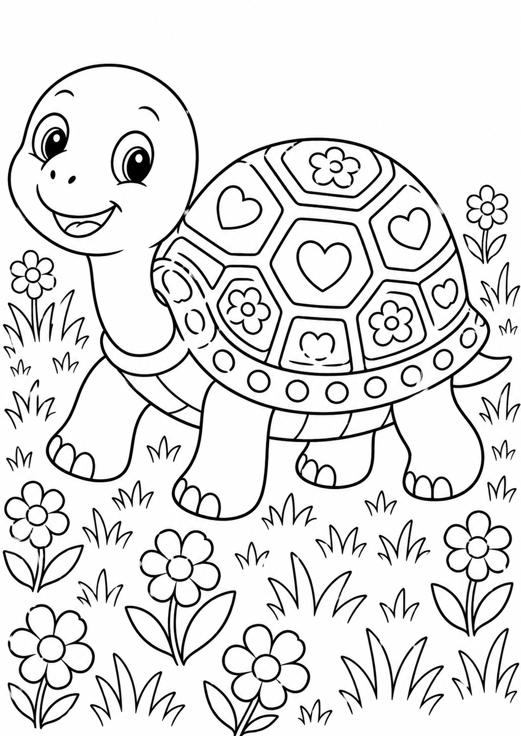 A smiling turtle with a decorated shell amidst flowers on a coloring page, designed to engage kids in creative coloring and exploring animal themes.