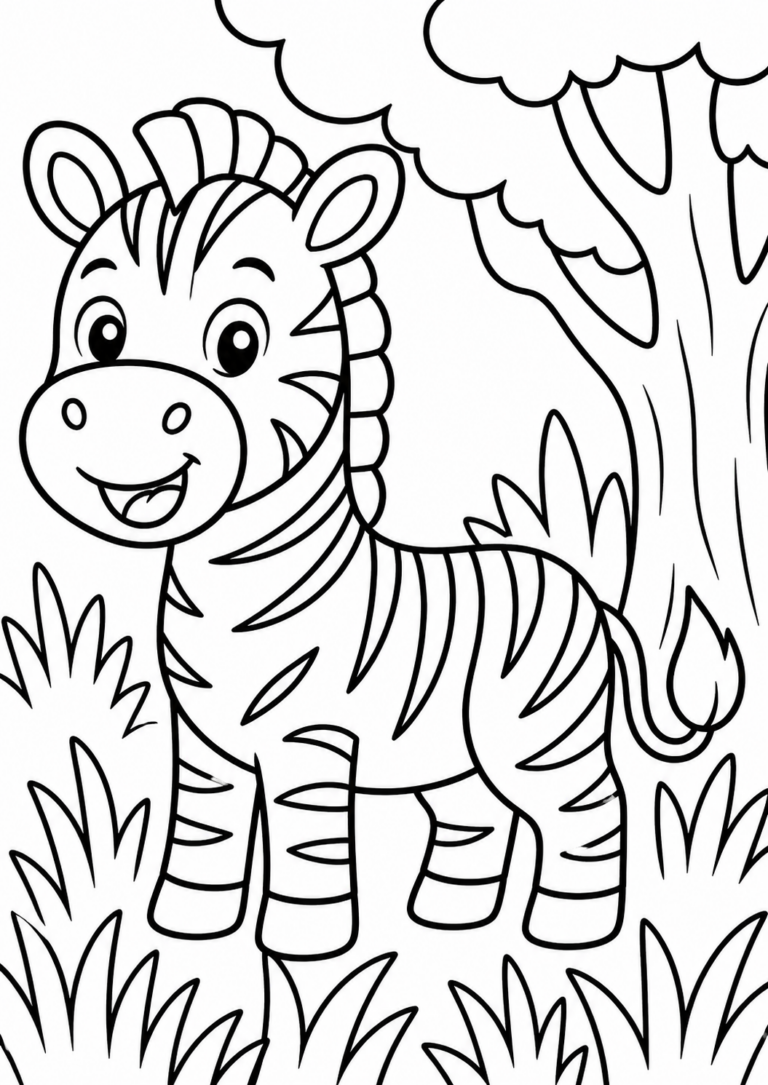 A cute zebra stands amid trees and grass in this delightful coloring page for kids, offering an engaging and fun activity with ample open space for vibrant coloring.