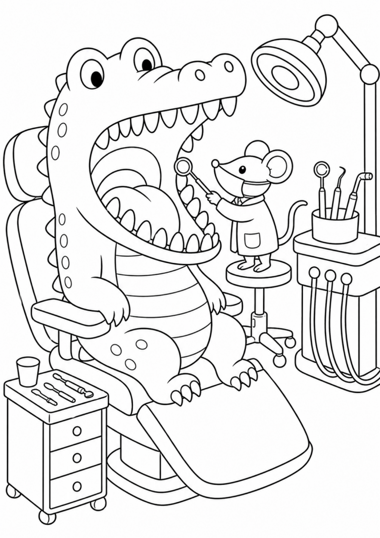 A coloring page showing a mouse as a dentist checking a crocodile's teeth in a dental office; includes tools and a dental chair, designed for children's entertainment.