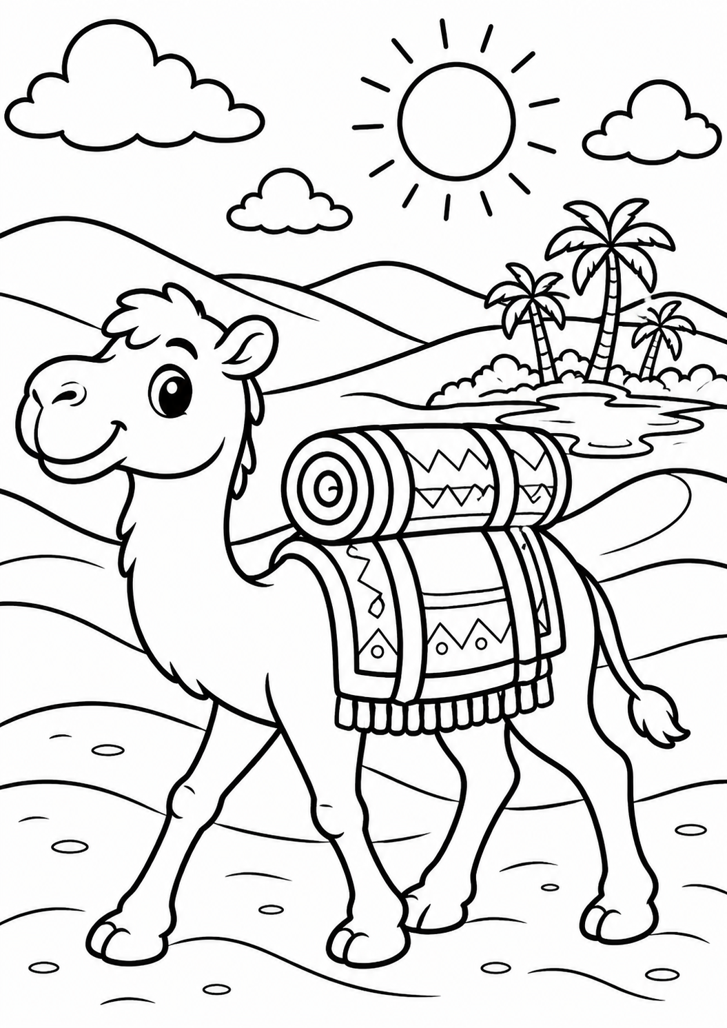 A coloring page displaying a camel with a decorative saddle, standing in a desert landscape. There are palm trees, rolling sand dunes, and a bright sun, creating a peaceful scene for children to color.