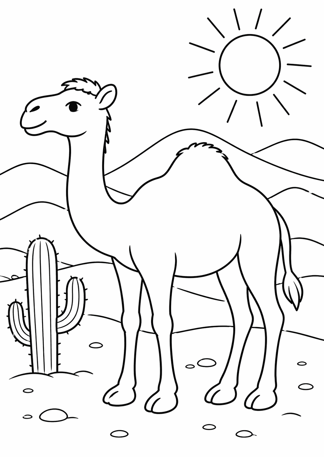 A delightful coloring page showing a camel in a desert with a sun and cactus background. Children will enjoy coloring the serene scene and discovering the unique features of desert life.