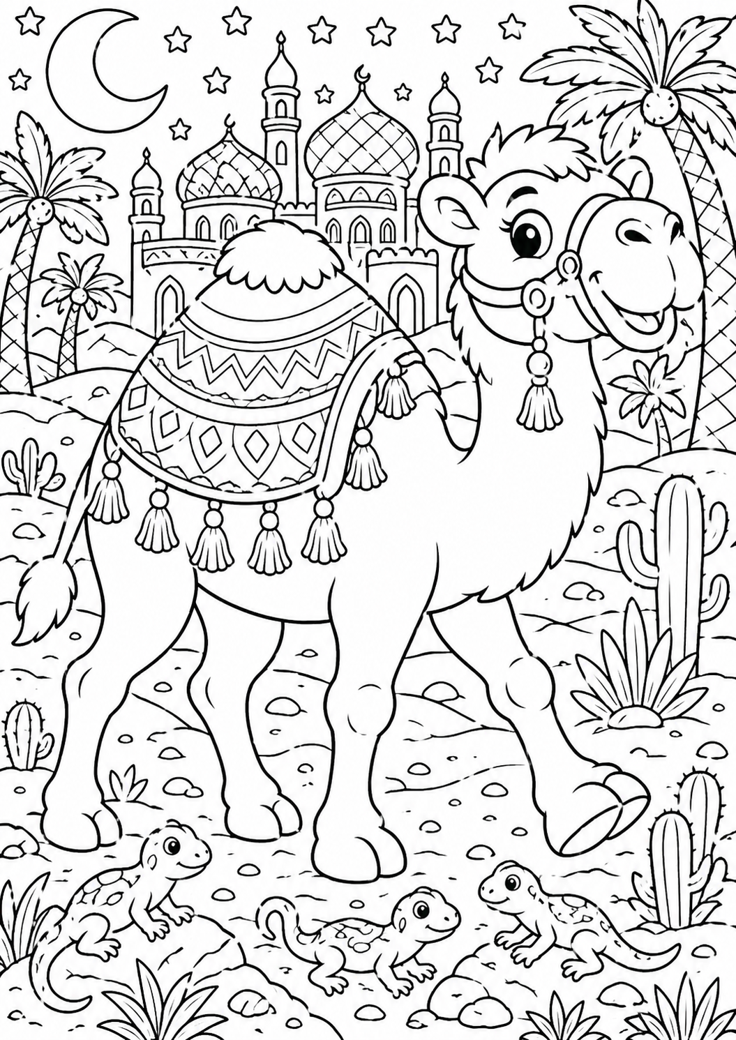 A cheerful camel with a patterned saddle stands in a desert landscape, surrounded by palm trees, buildings, and a starry night sky. The scene invites children to fill in with vibrant colors, enhancing their creativity and understanding of desert environments.