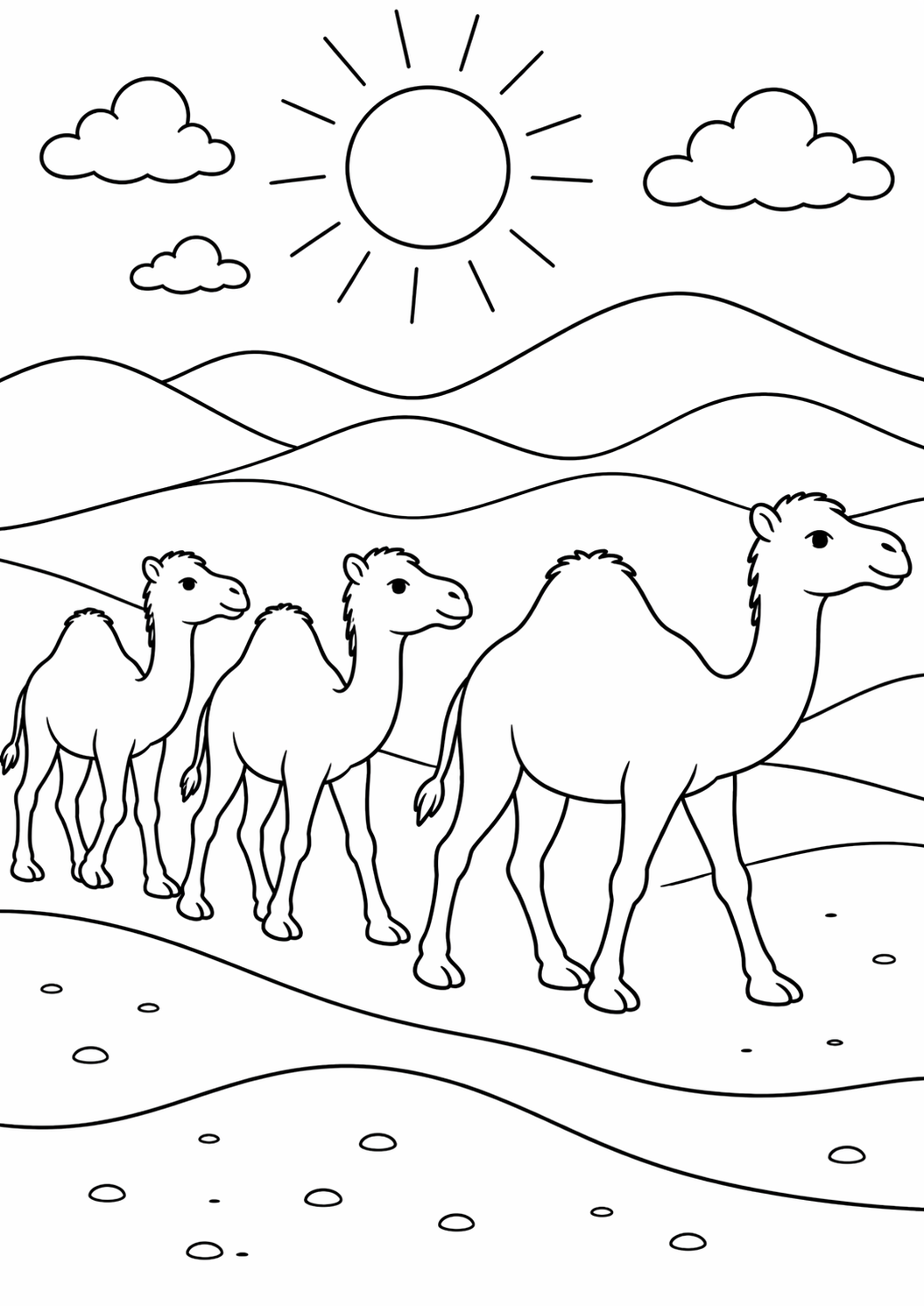 A fun coloring page for kids featuring three camels. They are walking through a sunny desert with hills and clouds in the background, offering creative opportunities.