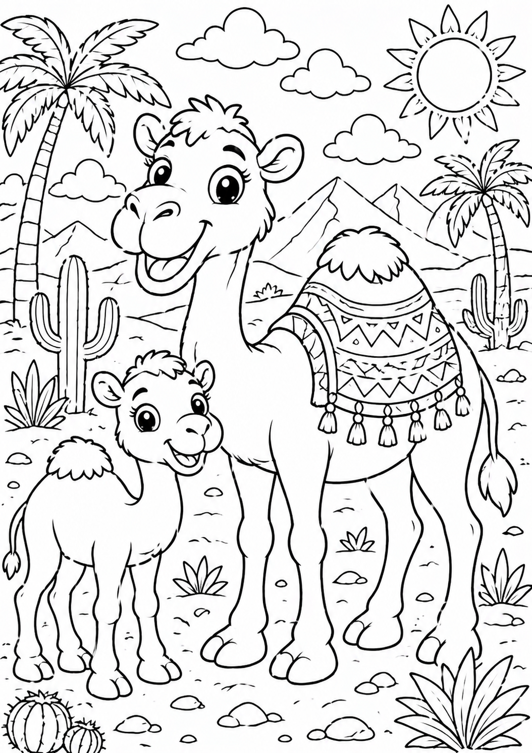 A fun coloring page with two charming camels, surrounded by desert elements like palm trees and cacti. The page invites children to explore their creativity with wonderful desert wildlife illustrations.