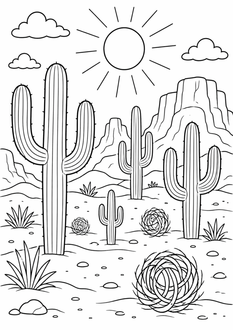 A serene desert landscape for coloring with tall cacti, rolling tumbleweeds, a bright sun shining, and mountain outlines in the background. Ideal for children to explore nature's arid beauty.