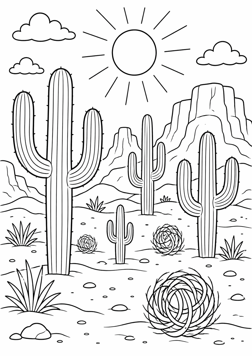 A serene desert landscape for coloring with tall cacti, rolling tumbleweeds, a bright sun shining, and mountain outlines in the background. Ideal for children to explore nature's arid beauty.
