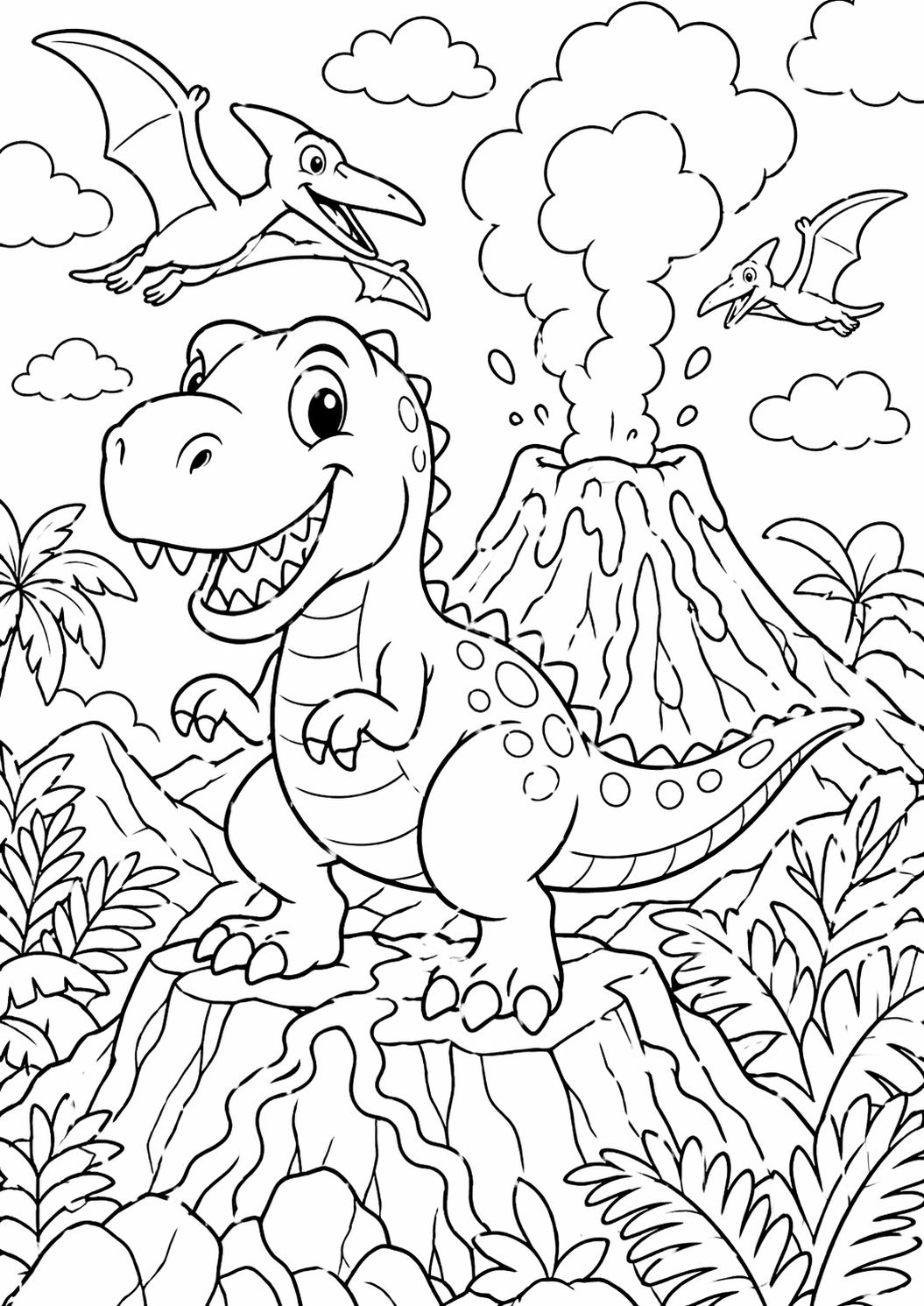 Dinosaur adventure coloring page showing a T-Rex and two pterodactyls near a volcano. The scene is surrounded by plants and hills, creating a vivid prehistoric landscape for children to color and enjoy.