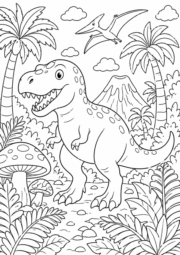 A dinosaur adventure coloring page with a T-Rex, flying pterodactyl, volcano, palm trees, and mushrooms in a prehistoric jungle. Designed for children to color and explore the world of dinosaurs creatively.