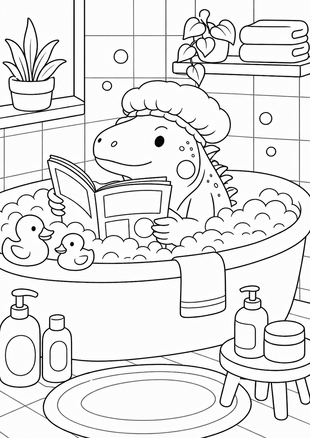 This coloring page shows a whimsical dinosaur having a bath, surrounded by rubber ducks and bubbles. Kids can add color to the playful scene, enhancing creativity and enjoyment.