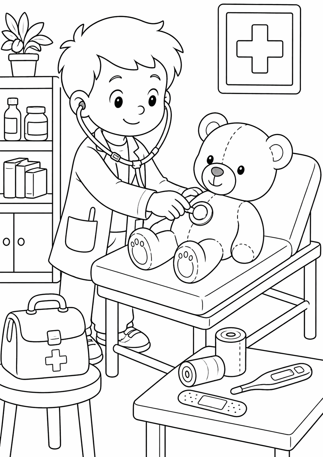 A children's coloring page shows a young doctor examining a teddy bear with a stethoscope. The scene includes items like a medical bag, thermometer, and bandages for coloring.