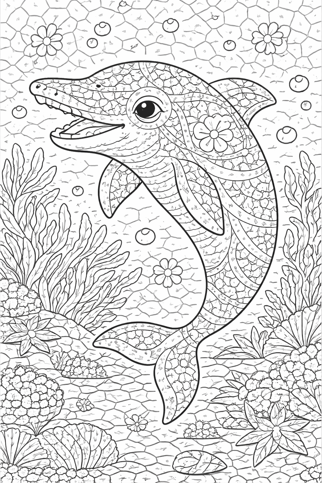A charming dolphin coloring page displaying a patterned dolphin amidst oceanic plants and bubbles, inviting children to bring it to life with colors.