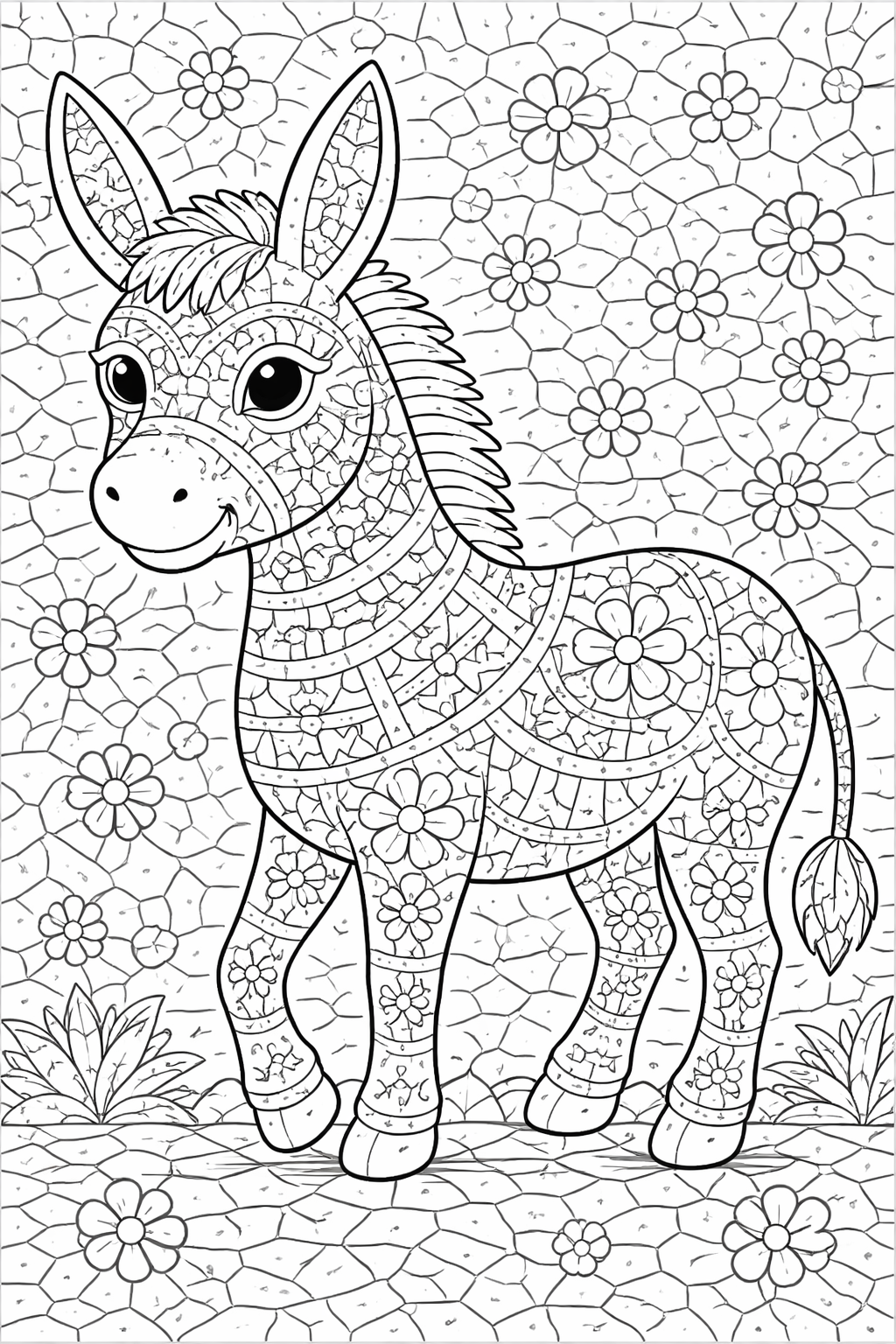 A detailed coloring page featuring a donkey with intricate floral patterns set against a background of flowers. Children will love using their creativity to color this joyful and imaginative scene, designed to enhance their artistic skills.