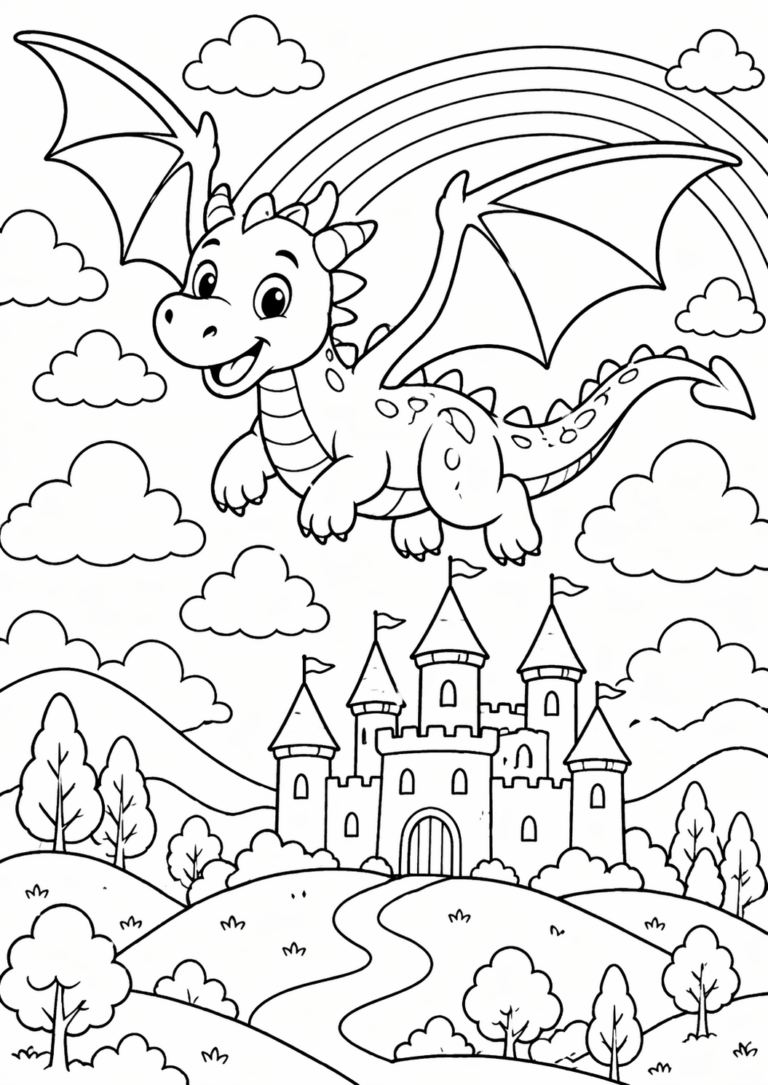 A children's coloring page showcasing a happy dragon flying over a grand castle beneath an arching rainbow, surrounded by clouds and trees, ready for kids to color.