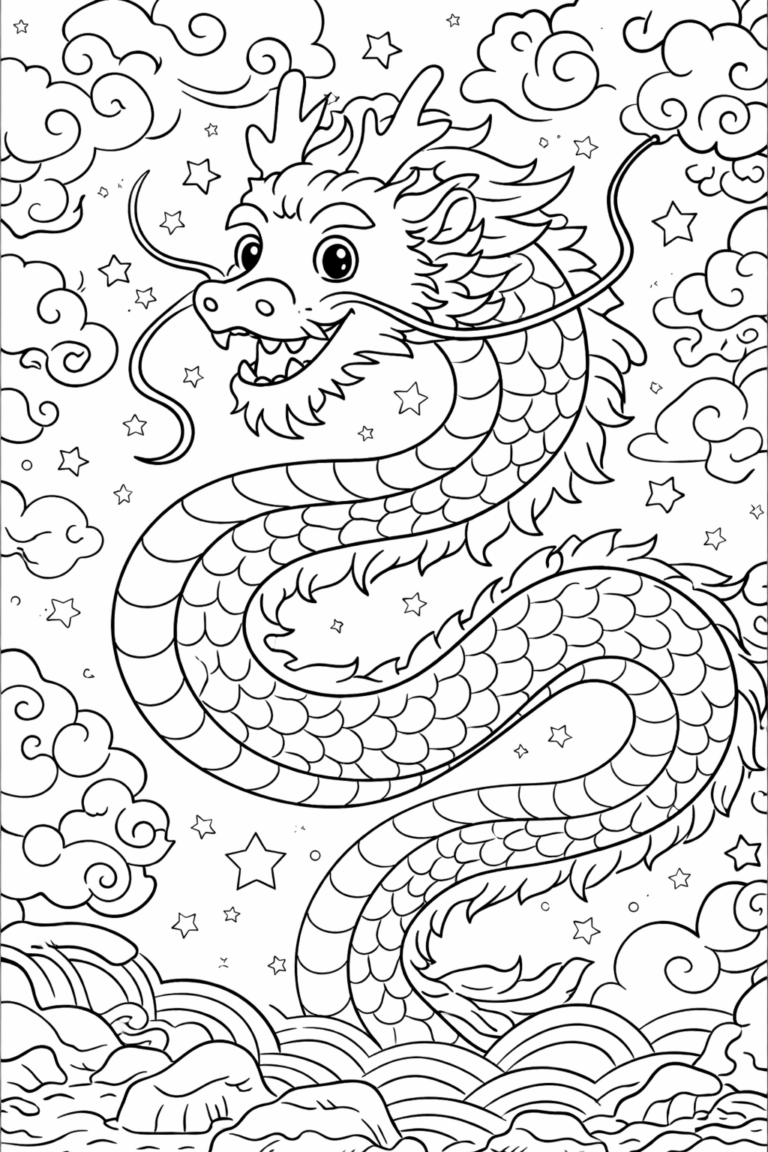 A delightful dragon coloring page featuring a happy dragon surrounded by swirling clouds and twinkling stars, inviting kids to explore their artistic skills with vibrant colors.