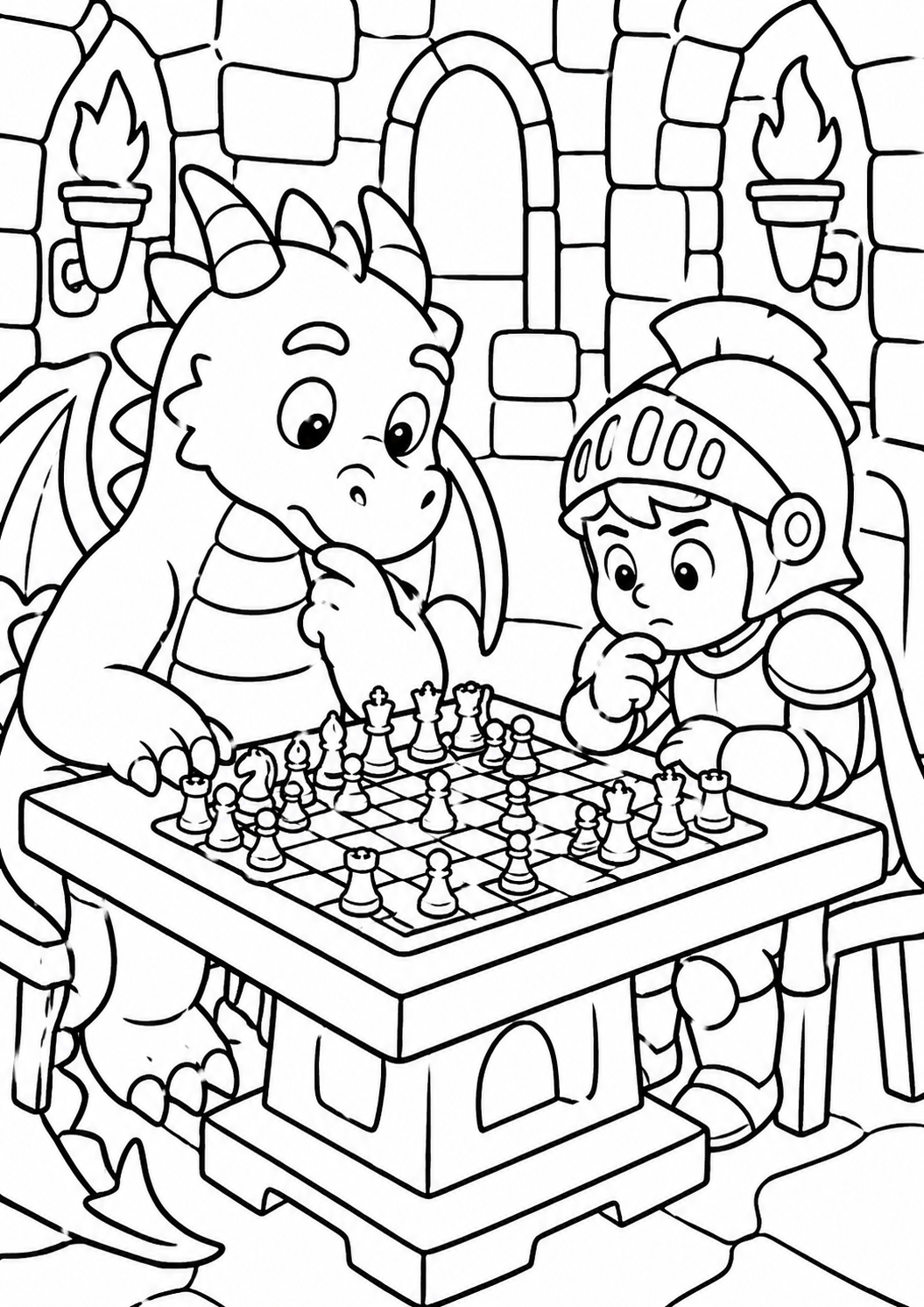 An engaging scene where a friendly dragon and a young knight play chess in a medieval castle setting. Children can enjoy coloring the intricate details of the chessboard and the castle's stone walls, immersing themselves in a creative and imaginative fantasy adventure.