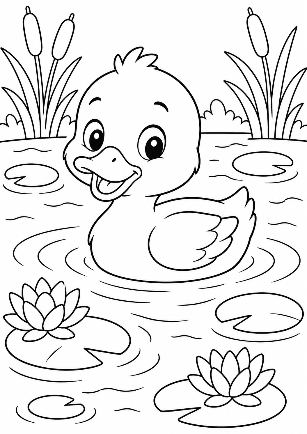 A charming coloring page showing a cute duckling swimming in a pond. The water is decorated with lily pads and surrounded by tall cattails, creating a peaceful and inviting scene for children to color.