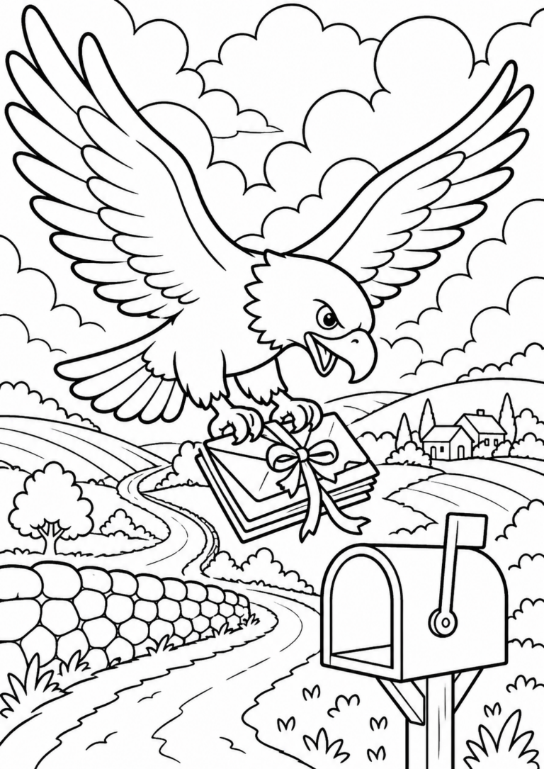 Children's coloring page of an eagle flying through the sky holding letters in its talons. A beautiful rural landscape with hills and a road leading to a distant mailbox.