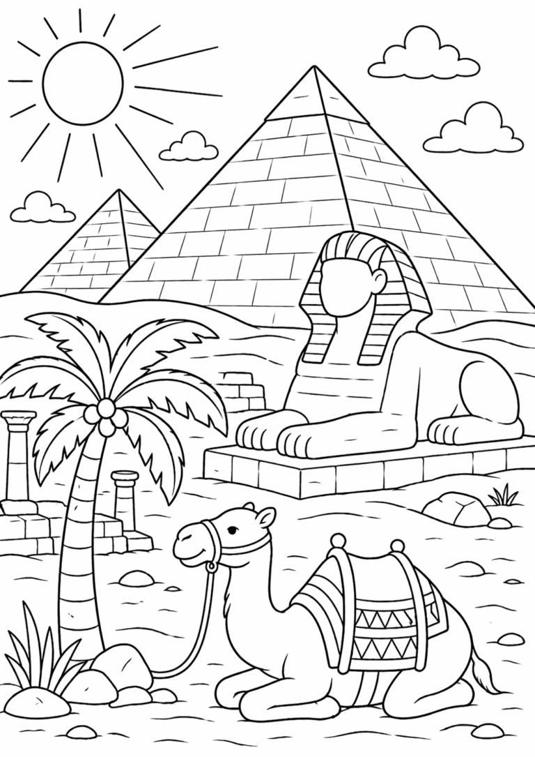 A children's coloring page of an Egyptian landscape with pyramids, the Sphinx, and a camel. Palm trees and a bright sun are also depicted, creating a vibrant desert scene for coloring.