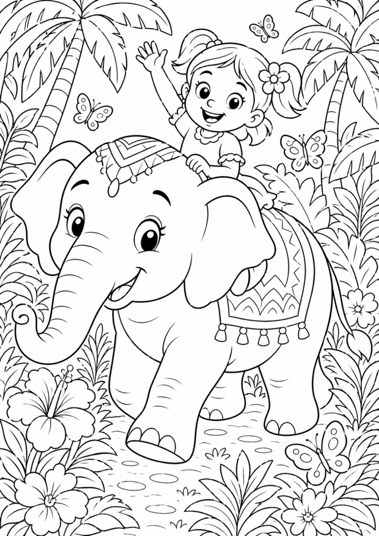 A charming scene with a child riding a happy elephant through a vibrant jungle filled with butterflies and tropical plants, perfect for coloring activities.