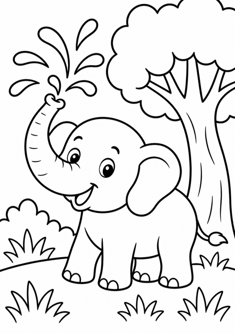 A cute elephant spraying water from its trunk with trees and bushes in the background, designed as a coloring page for children.