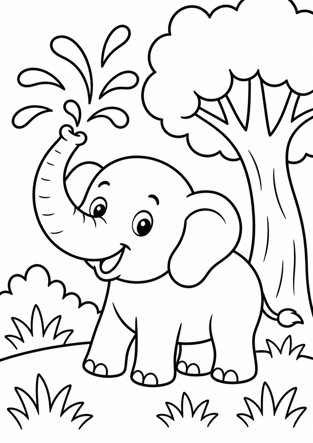A cute elephant spraying water from its trunk with trees and bushes in the background, designed as a coloring page for children.