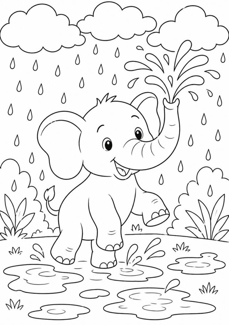 A playful elephant in a coloring page, splashing water with its trunk amidst raindrops and puddles, perfect for children to color and enjoy a creative experience in a fun jungle setting.