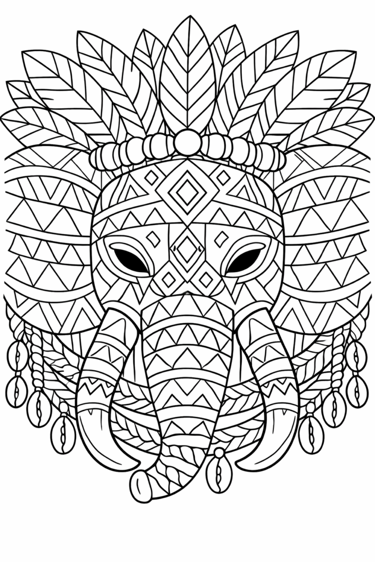 An elephant mandala coloring page showing a detailed elephant head with geometric patterns and feather elements. Ideal for children to explore intricate coloring.