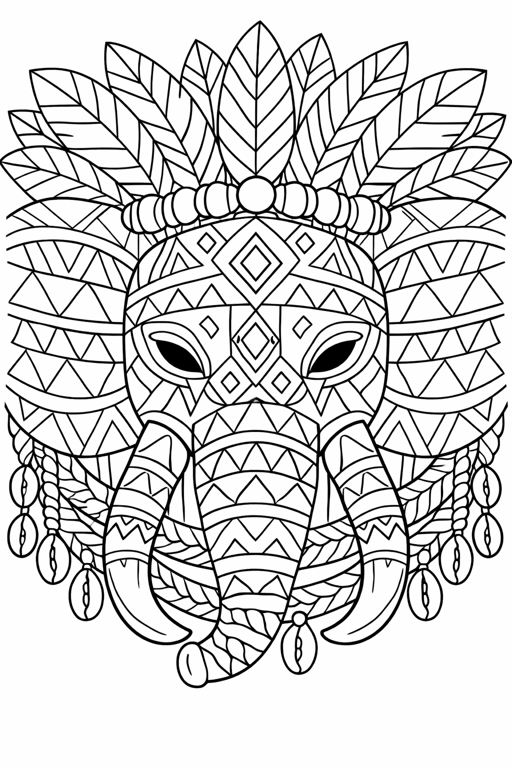 An elephant mandala coloring page showing a detailed elephant head with geometric patterns and feather elements. Ideal for children to explore intricate coloring.