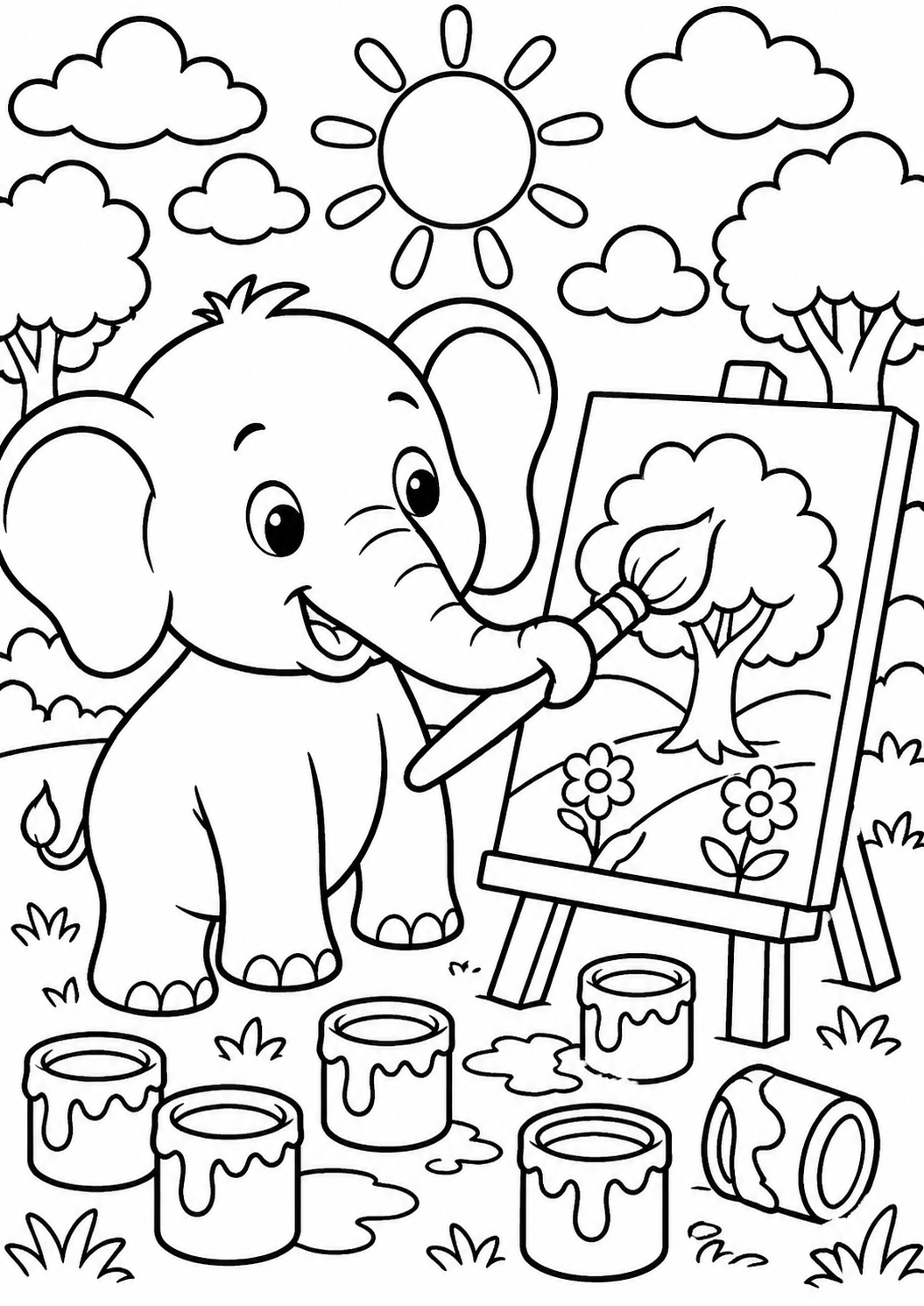 An elephant joyfully paints on a canvas, depicting a nature scene with trees, flowers, and a bright sun. Paint cans are scattered around, adding to the playful atmosphere. Children will love coloring this cheerful and imaginative page.