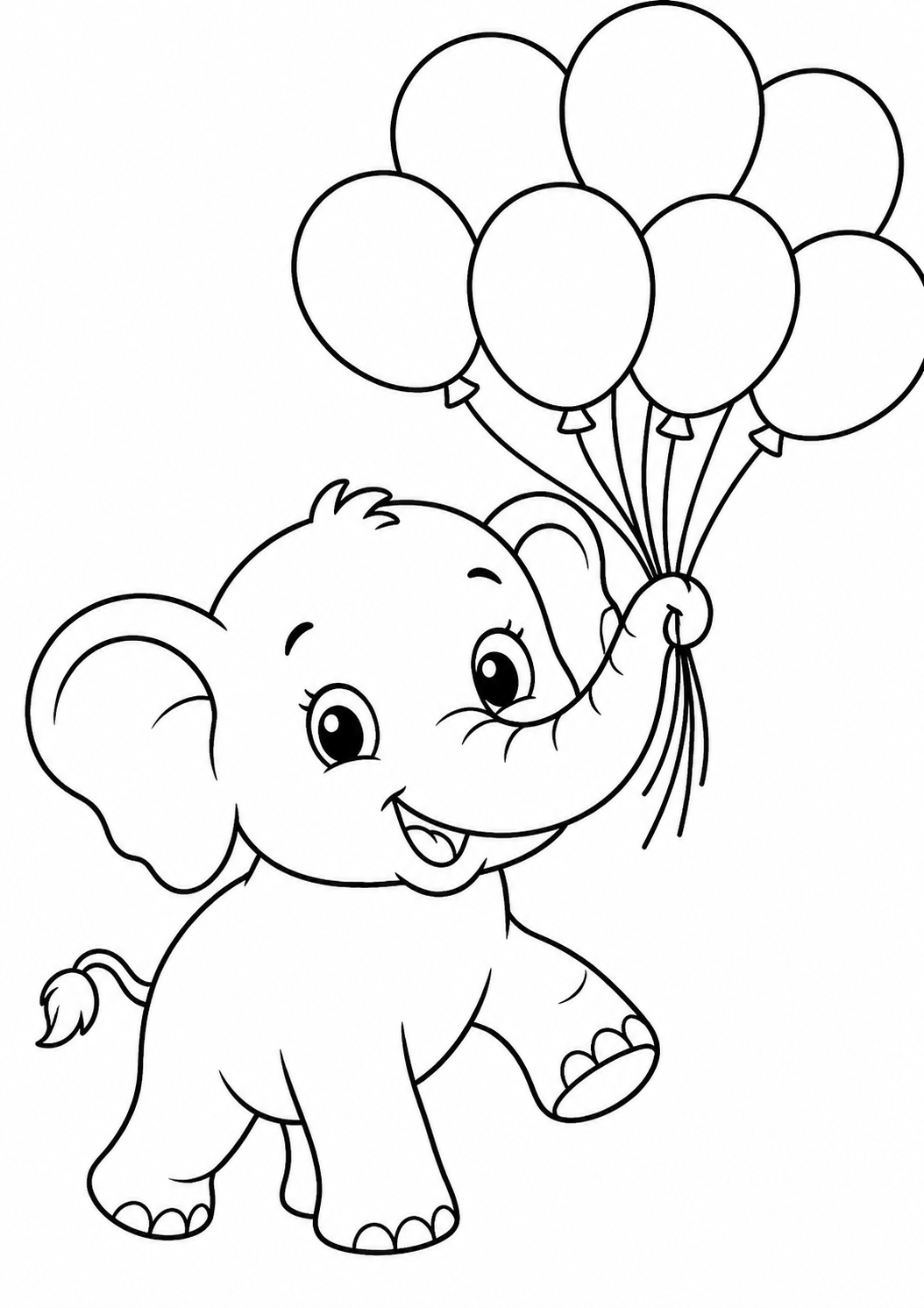 A coloring page featuring a cute baby elephant holding several balloons with its trunk. The elephant has a happy expression and large, fluffy ears. Children can enjoy adding colors to the balloons and the playful elephant, creating a joyful and imaginative scene.