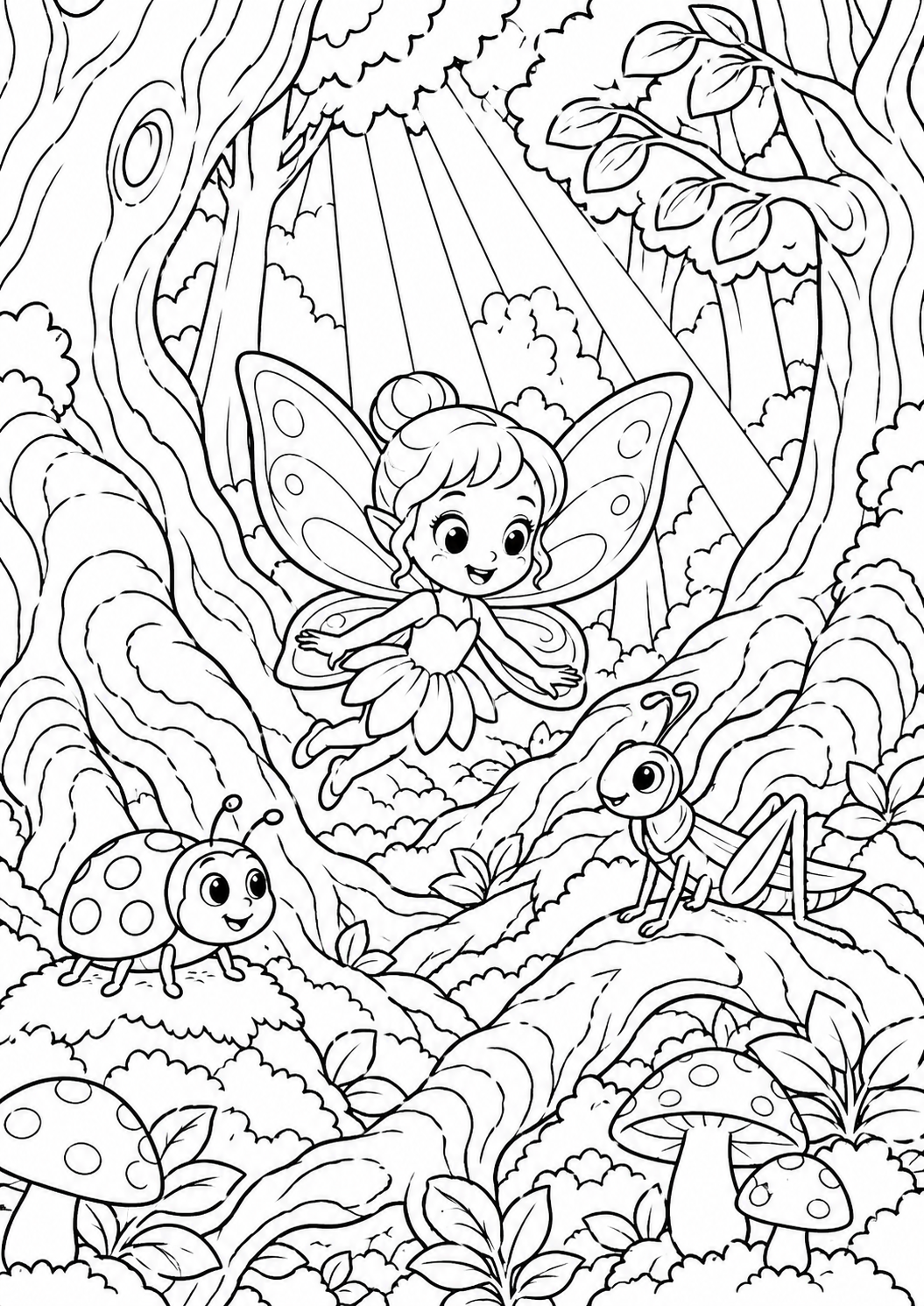 A charming coloring page with a fairy flying joyfully in a forest, accompanied by a ladybug and grasshopper. The scene includes tall trees, mushrooms, and a whimsical atmosphere perfect for children's creativity.