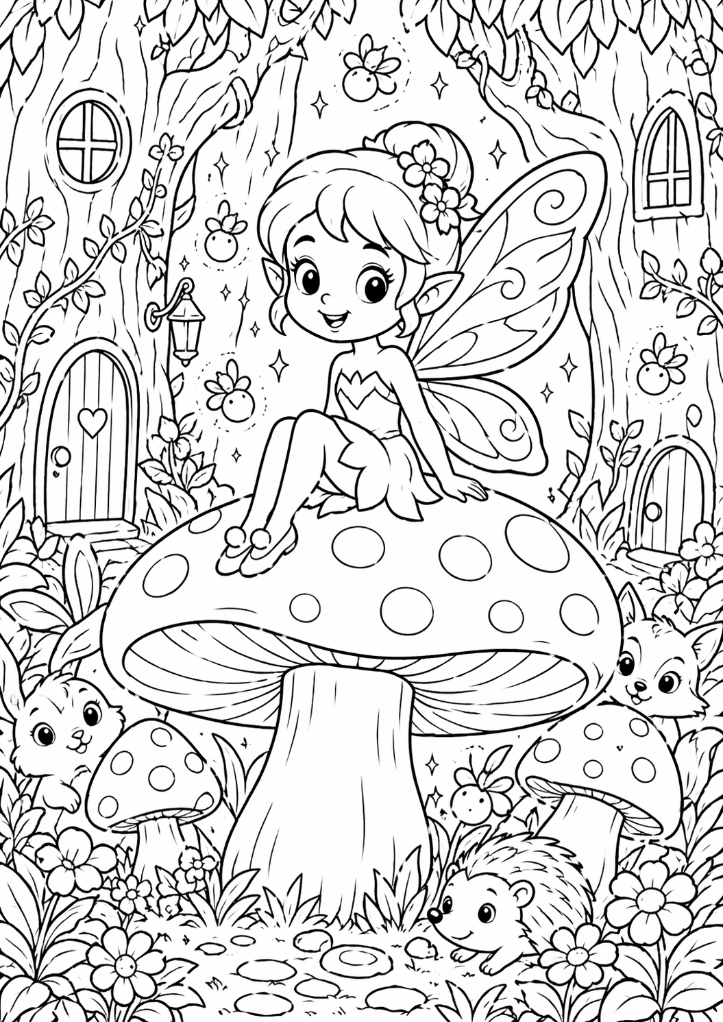 A charming fairy perched on a polka-dotted mushroom is surrounded by a whimsical forest. Cute animals like rabbits and hedgehogs peek through the foliage, completing this enchanting scene for young artists.