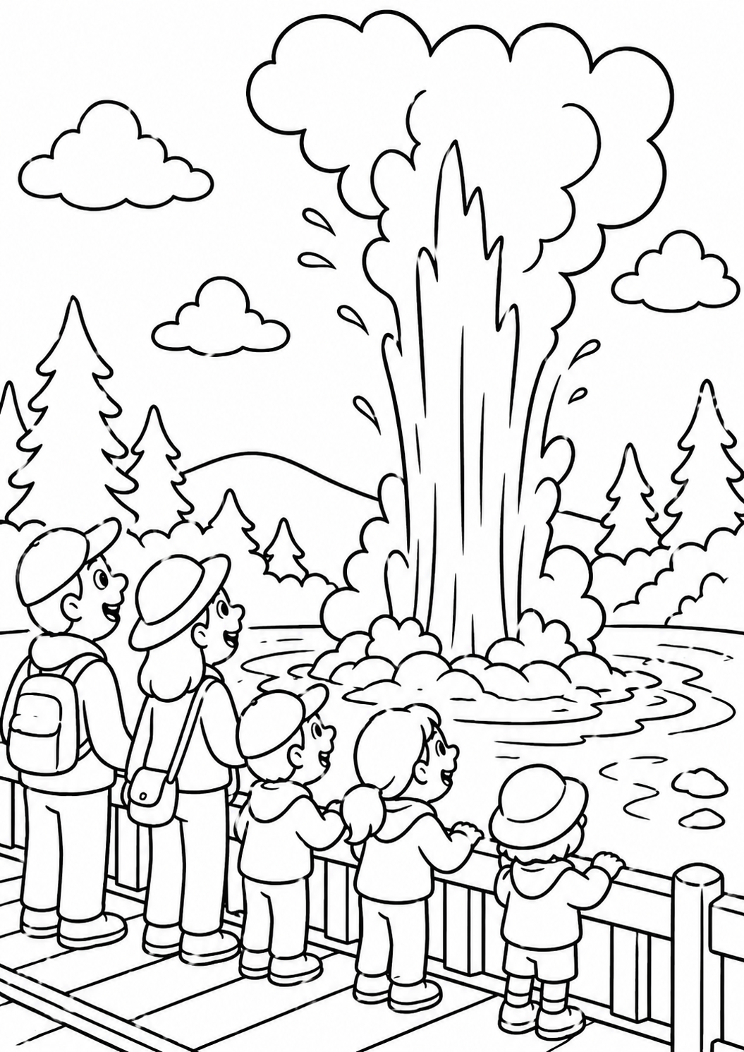 Family watching a geyser eruption in a natural landscape with trees and clouds. Kids will enjoy coloring this lively and outdoor adventure scene.