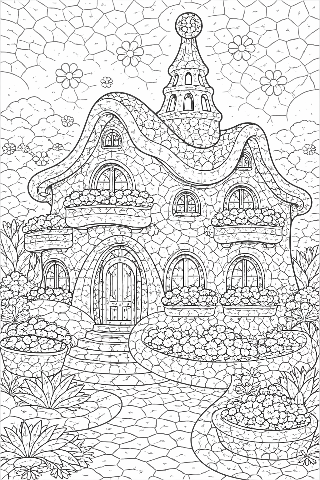 Intricate fantasy cottage coloring page illustrating a whimsical house adorned with flowers. The scene invites children to explore their creativity with vibrant colors, enhancing fine motor skills.