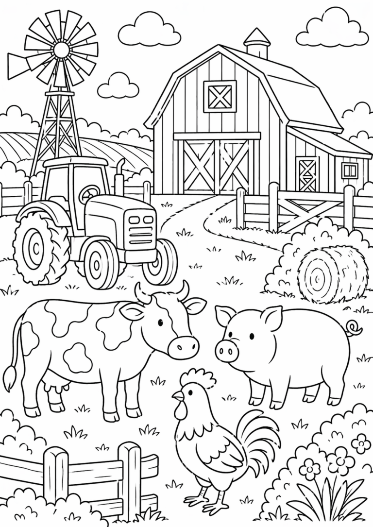 A charming farm scene with a barn, tractor, windmill, and farm animals including a cow, pig, and rooster waiting to be colored by children for an engaging activity.