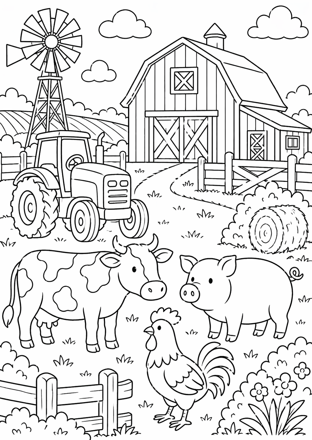 A charming farm scene with a barn, tractor, windmill, and farm animals including a cow, pig, and rooster waiting to be colored by children for an engaging activity.