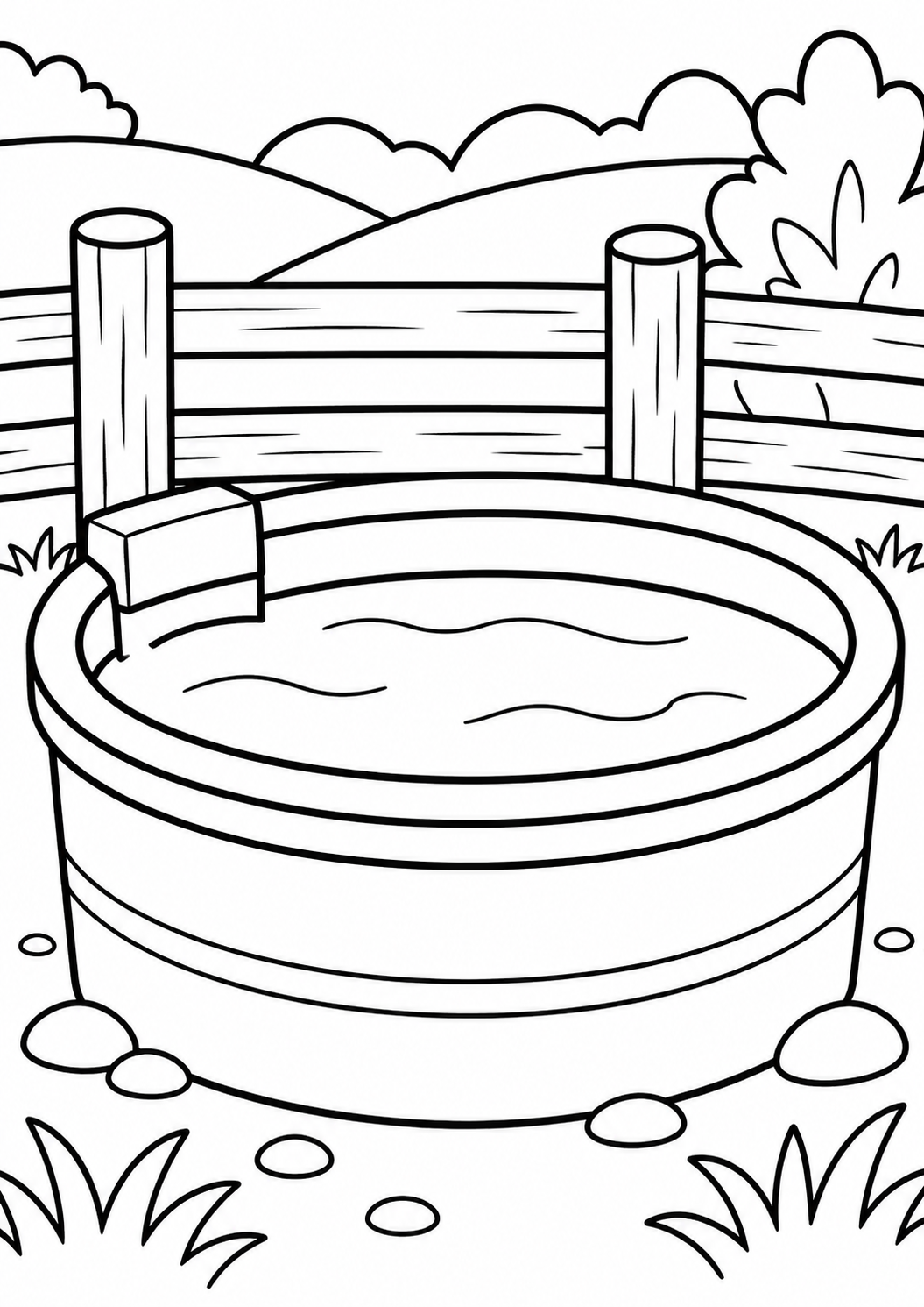 A coloring page depicting a farm water trough with a wooden fence and rolling hills, perfect for kids to color and explore countryside scenes, enhancing their imagination and creativity.