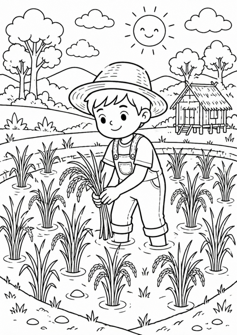 A delightful coloring page showing a young farmer in a field. The farmer is surrounded by crops, a small house in the background, and a smiling sun, perfect for children to color.