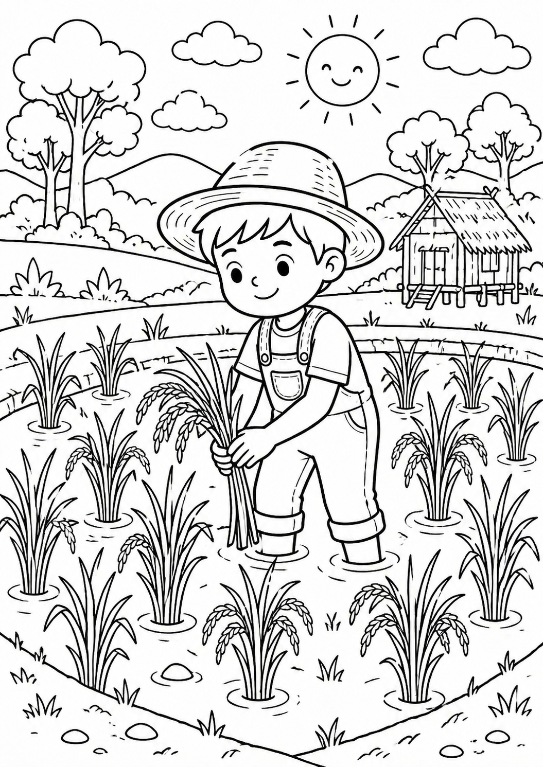 A delightful coloring page showing a young farmer in a field. The farmer is surrounded by crops, a small house in the background, and a smiling sun, perfect for children to color.