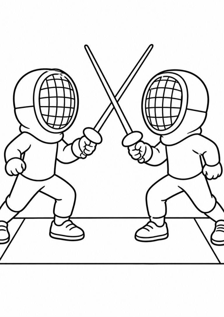 A children's coloring page featuring two fencers in protective gear engaged in a duel. The image shows them holding swords and ready to compete. It invites children to fill the scene with colors, sparking imagination and creativity through sports.