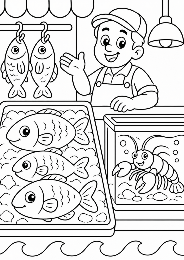 A lively fish market scene showcasing a vendor with fresh fish on ice and a happy lobster in a tank, designed for children to color and enjoy.