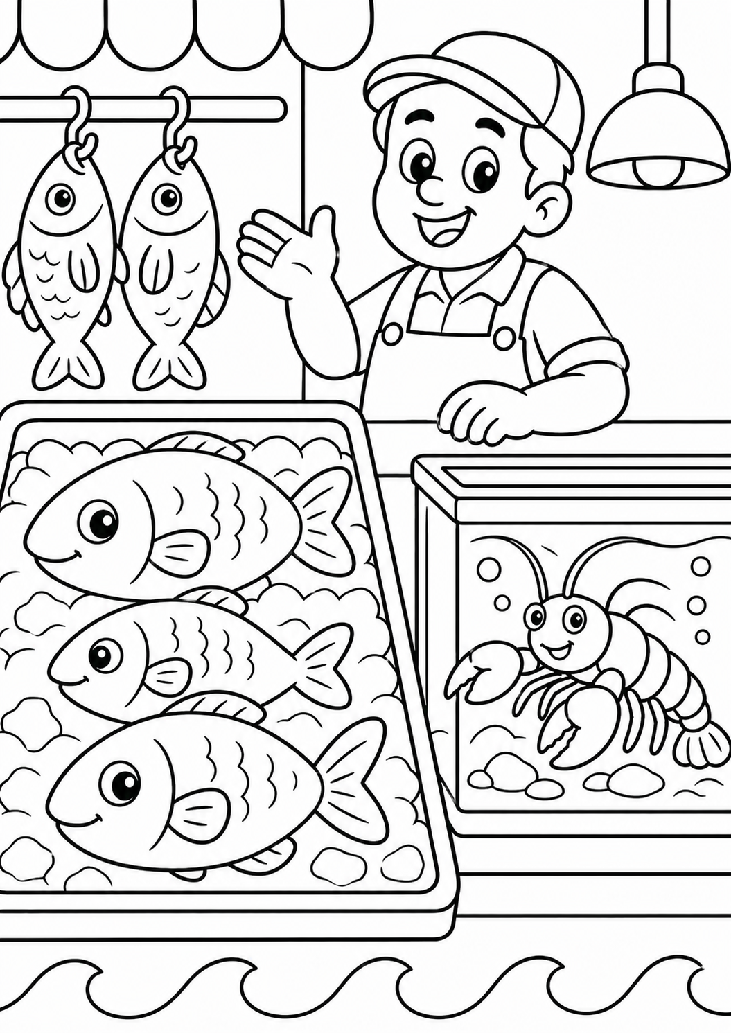 A lively fish market scene showcasing a vendor with fresh fish on ice and a happy lobster in a tank, designed for children to color and enjoy.