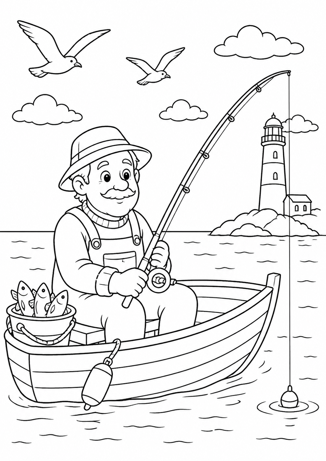 A cheerful fisherman sitting in a boat with a fishing rod and a bucket of fish, set against a sea with a lighthouse in the background. Children can enjoy coloring the scene full of seagulls and clouds.